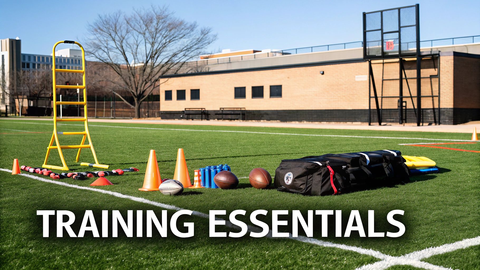 A collection of essential football training equipment including cones, bibs, and footballs neatly arranged on a green pitch.