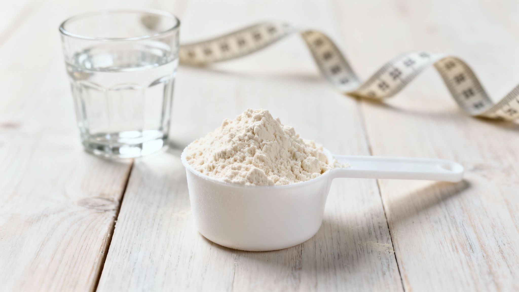 A scoop of protein powder, a glass of water, and a measuring tape on a light wooden table.