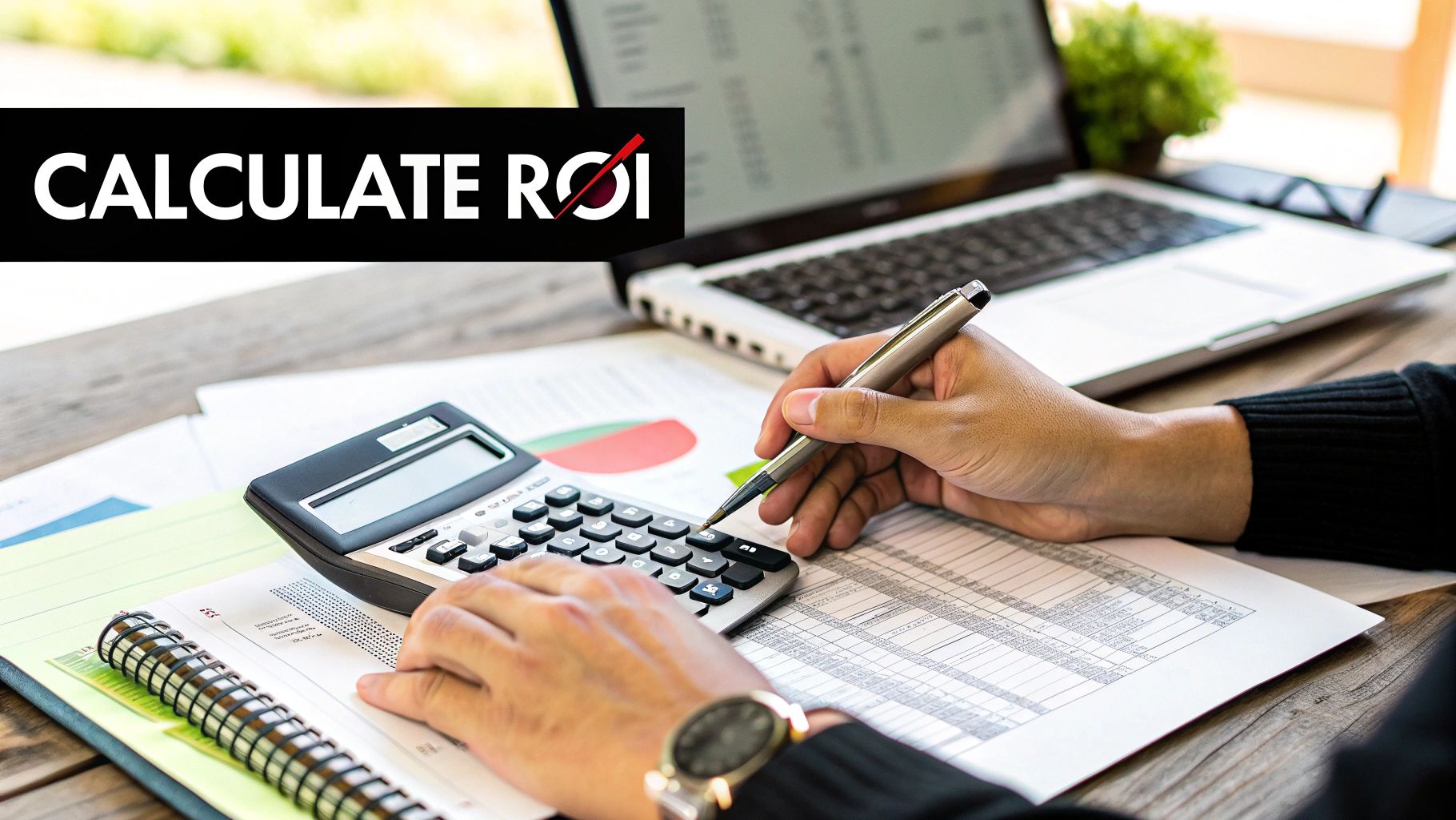 Person calculating ROI using a calculator and pen on a desk with documents and a laptop.