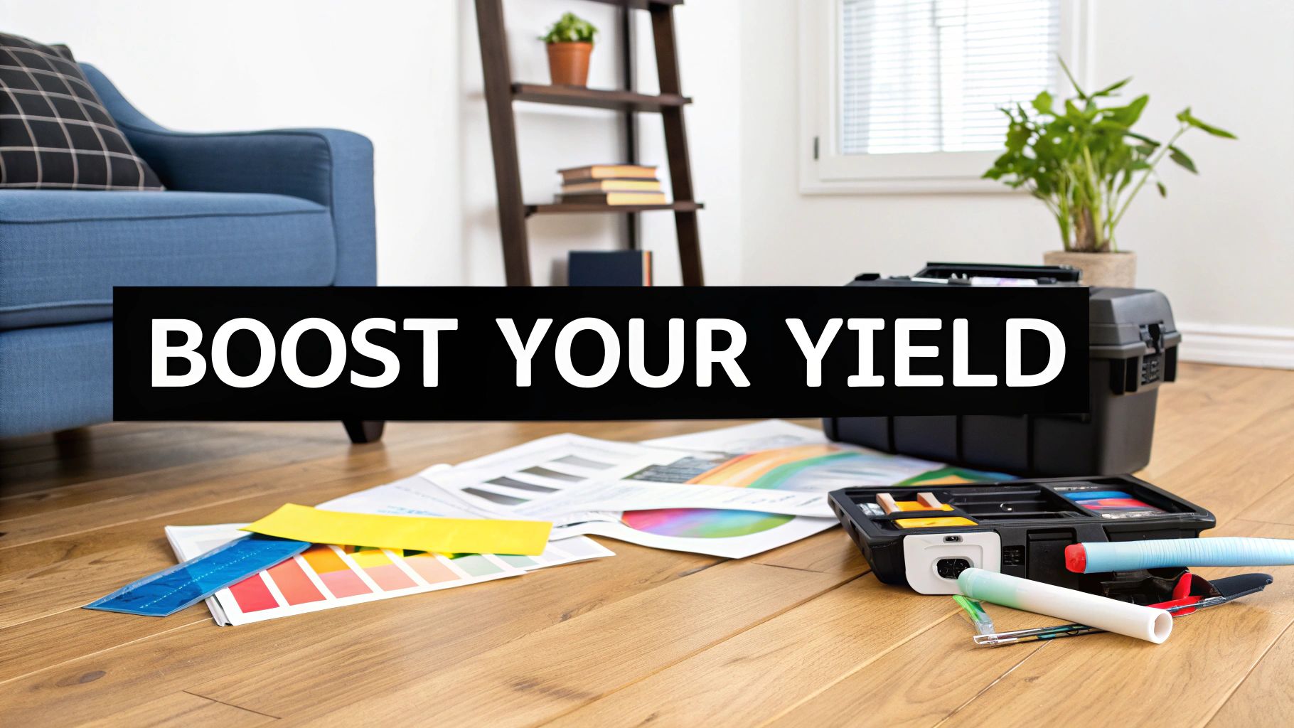 A black banner saying 'BOOST YOUR YIELD' over a home office setup with design tools and documents.