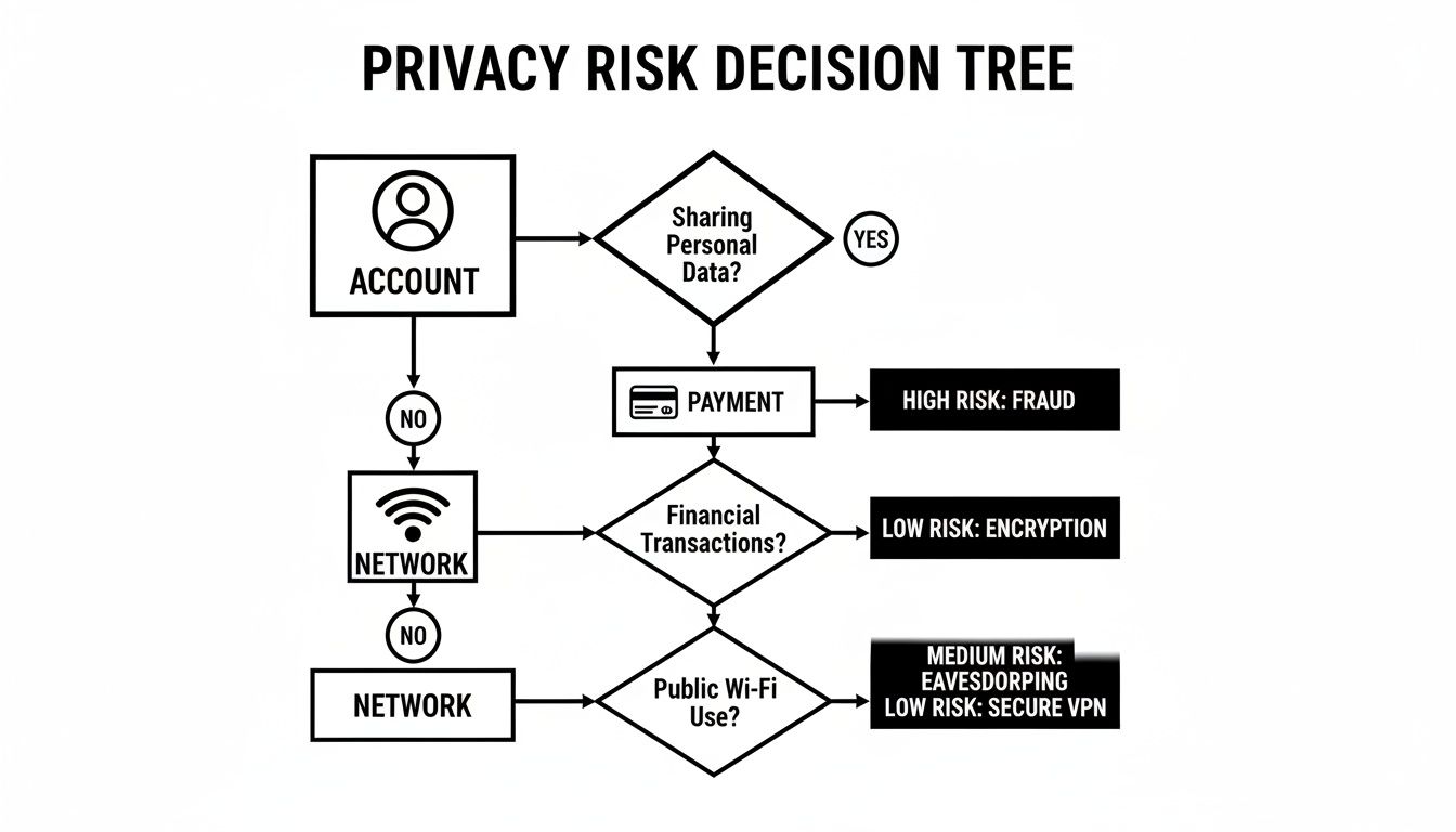 A privacy risk decision tree flowchart illustrating risks associated with accounts, sharing data, payments, and network use.