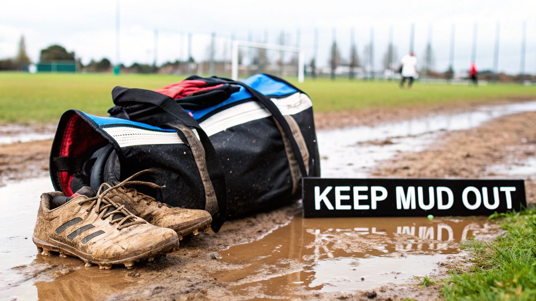Muddy football boots and sports bag next to keep mud out sign on wet field