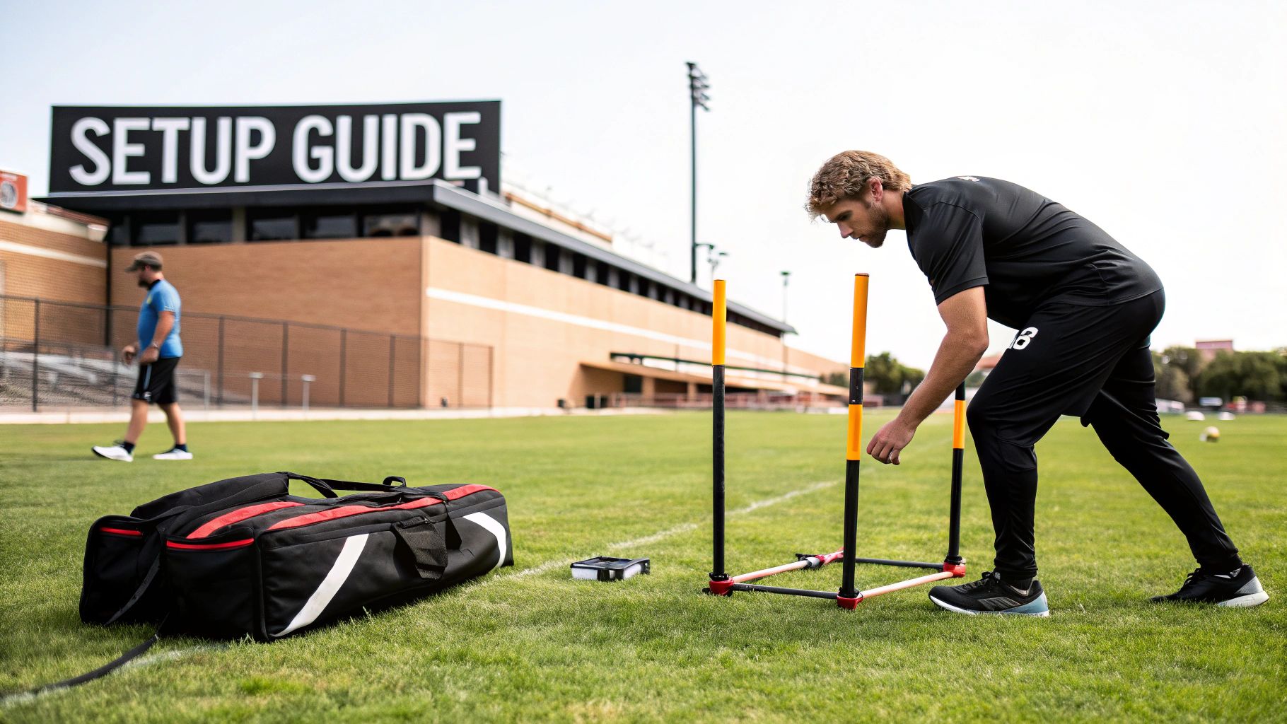 A man sets up agility poles on a grass sports field with a large sports bag nearby.