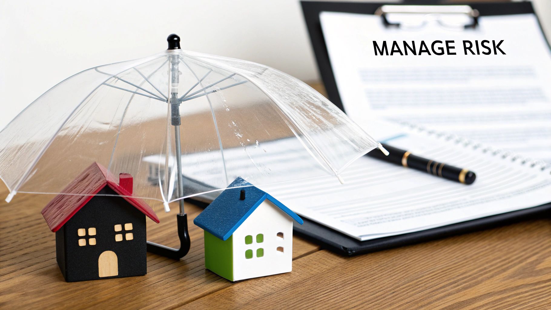 Two miniature houses under a clear umbrella with a document stating 'MANAGE RISK', symbolizing property protection.