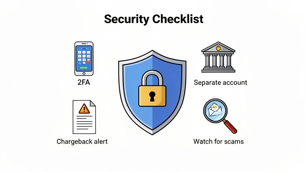 A security checklist with icons for 2FA, separate accounts, chargeback alerts, and watching for scams, centered by a shield with a padlock.