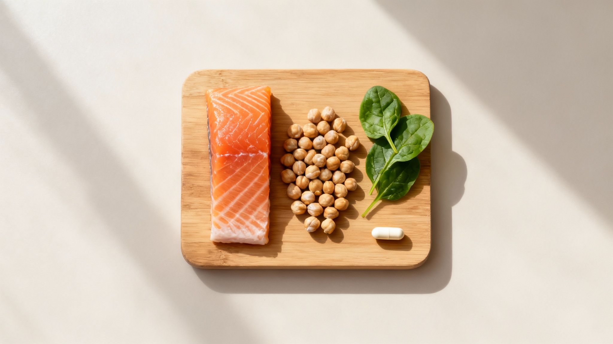 Brightly coloured foods rich in B vitamins, like avocados, leafy greens, and salmon, arranged artfully.