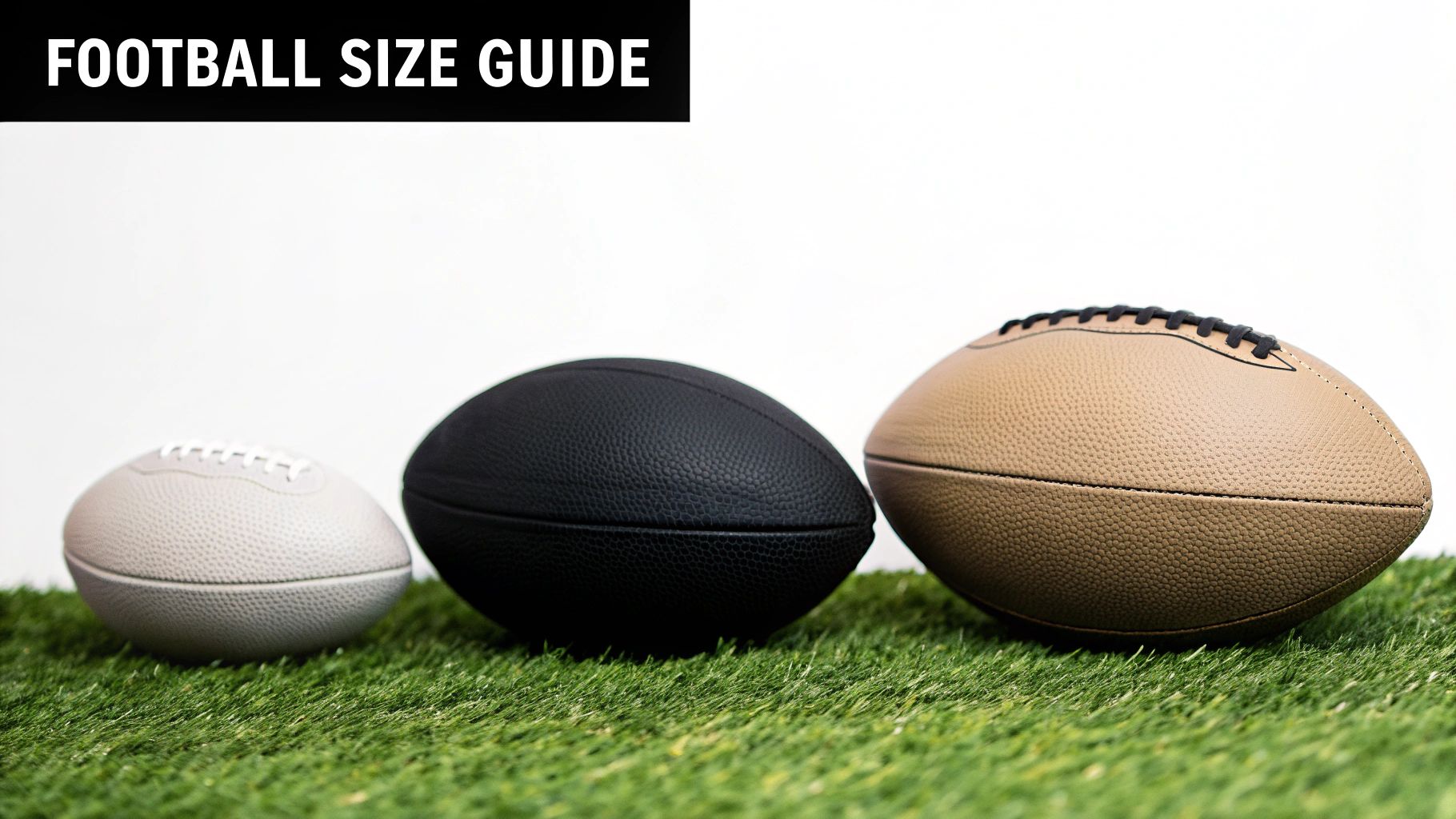 Three footballs of varying sizes (small grey, medium black, large tan) displayed on artificial grass.