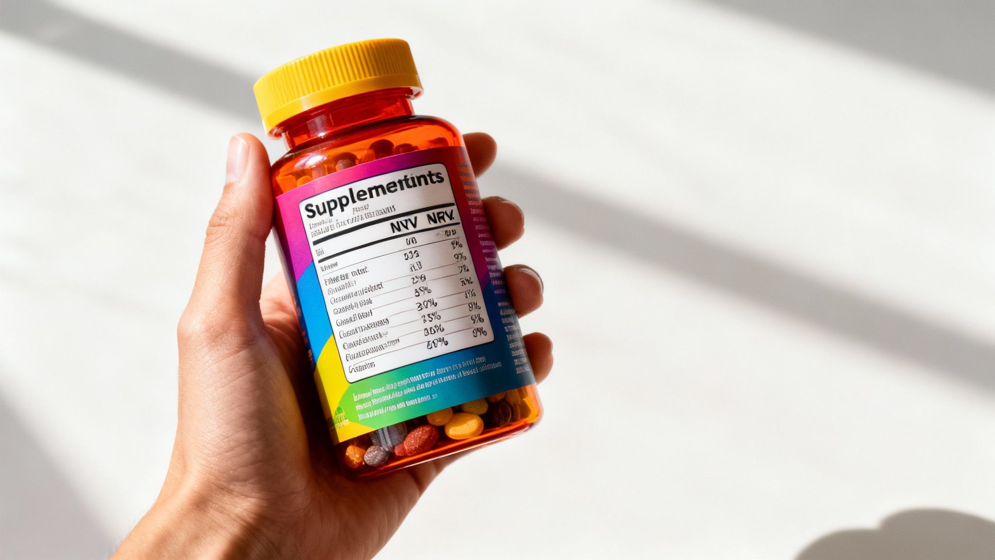 A person's hand holding a supplement bottle, closely examining the nutritional label.