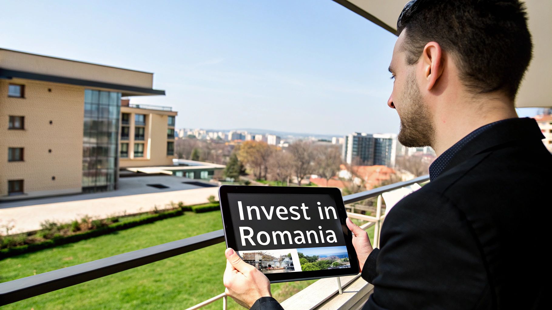 A man overlooks a city from a balcony while holding a tablet promoting investment in Romania.