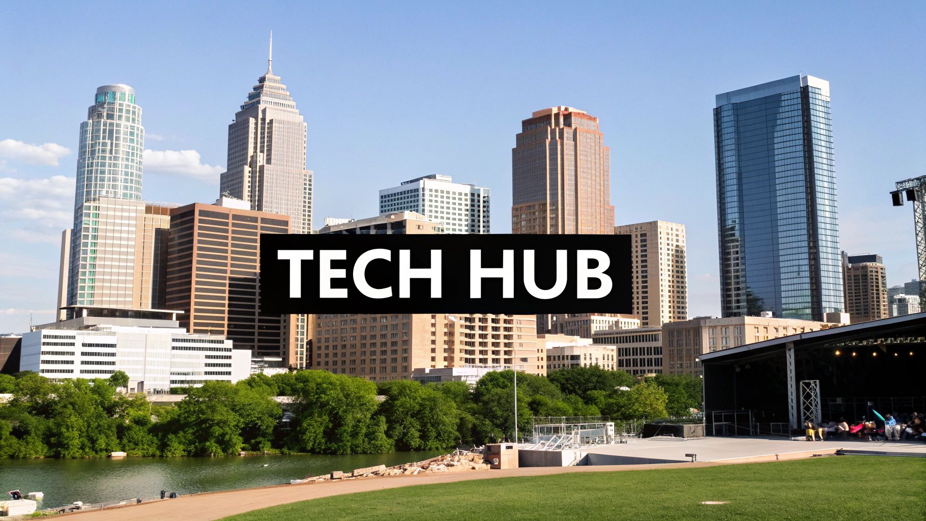 A vibrant city skyline with modern skyscrapers, a waterfront, and a large 'TECH HUB' overlay.