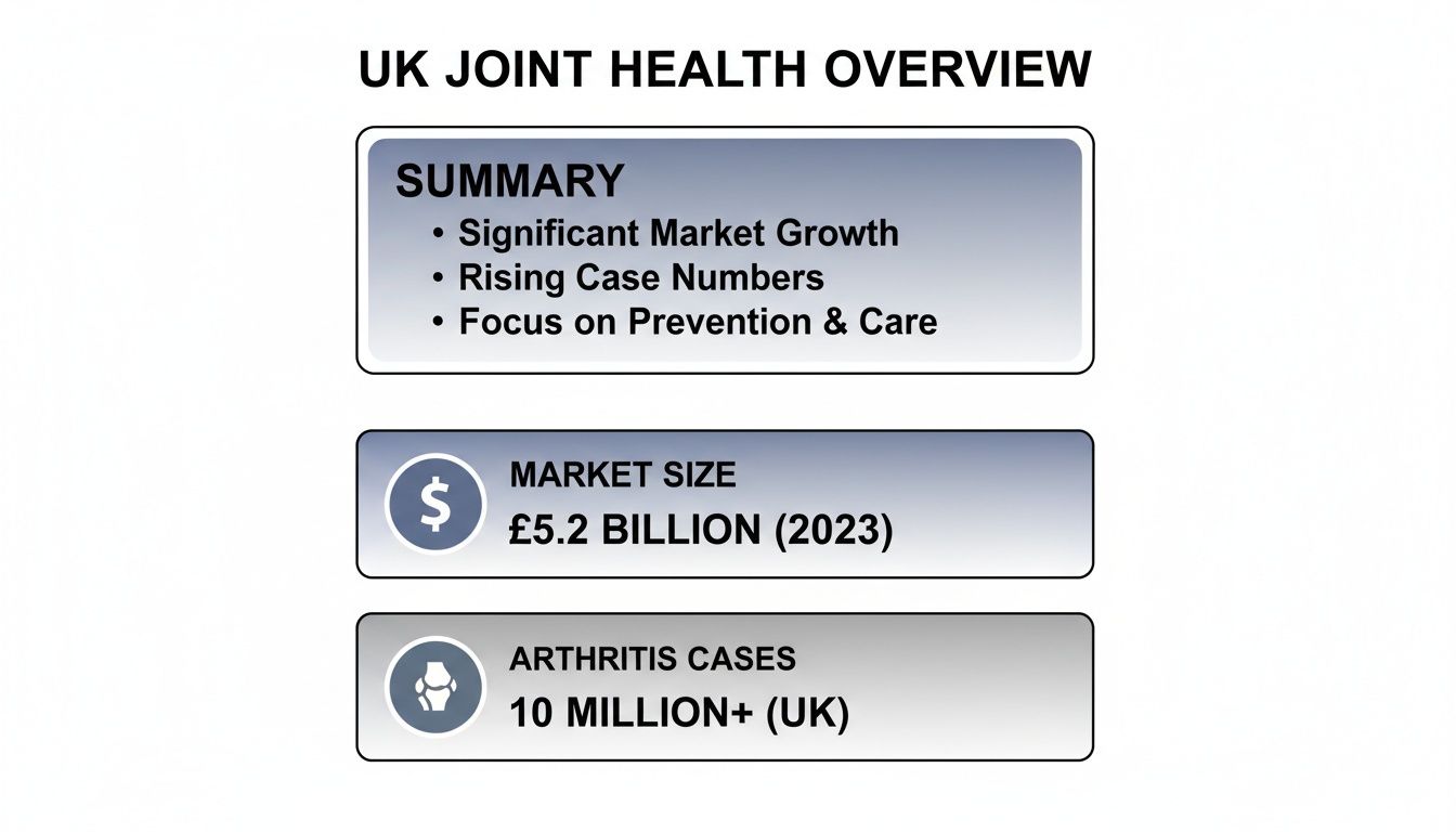 UK Joint Health Overview with summary points, market size of £5.2 billion (2023), and 10 million+ UK arthritis cases.