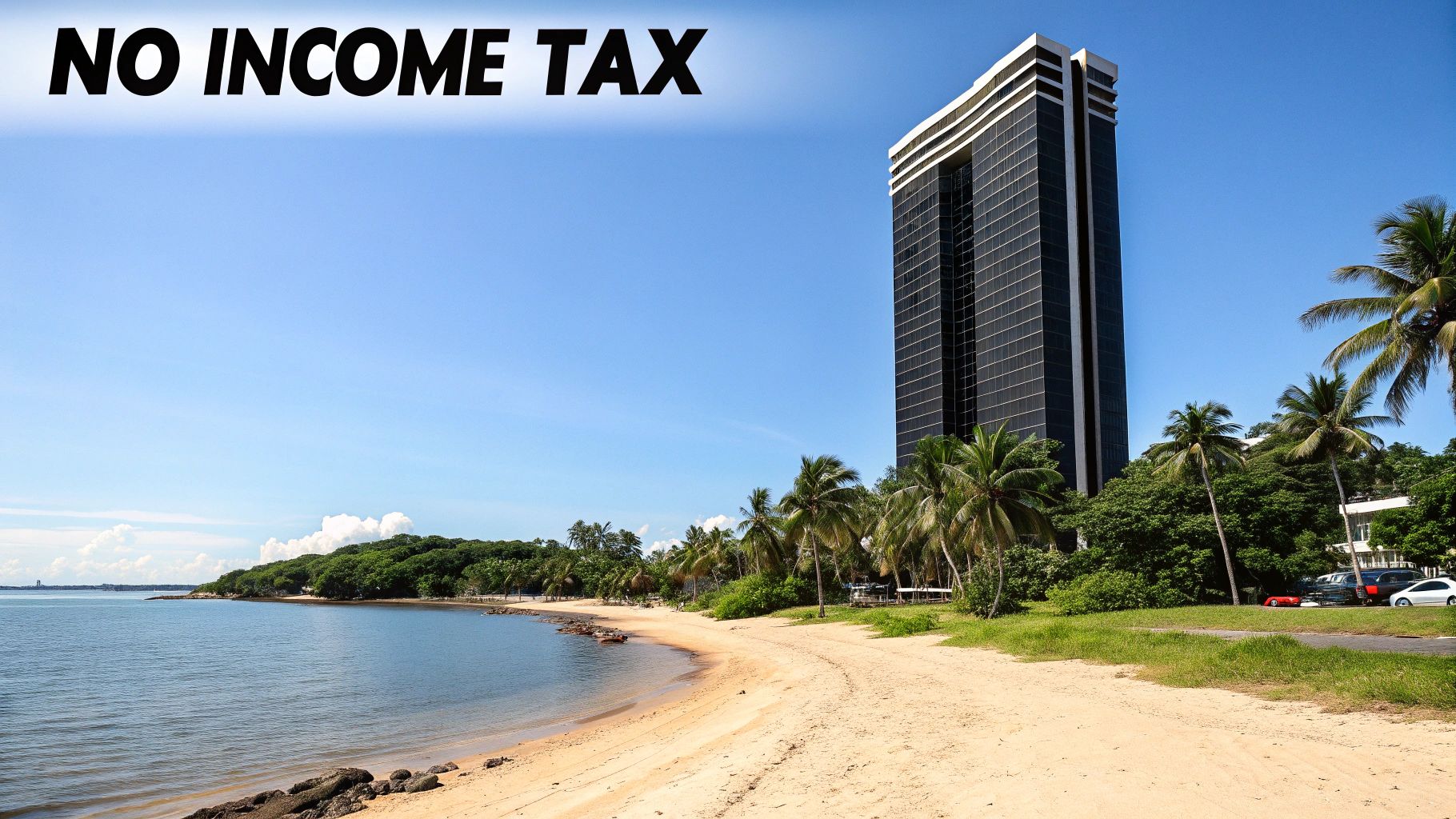 A tall building stands by a sunny tropical beach with palm trees, ocean, and 'NO INCOME TAX' text.