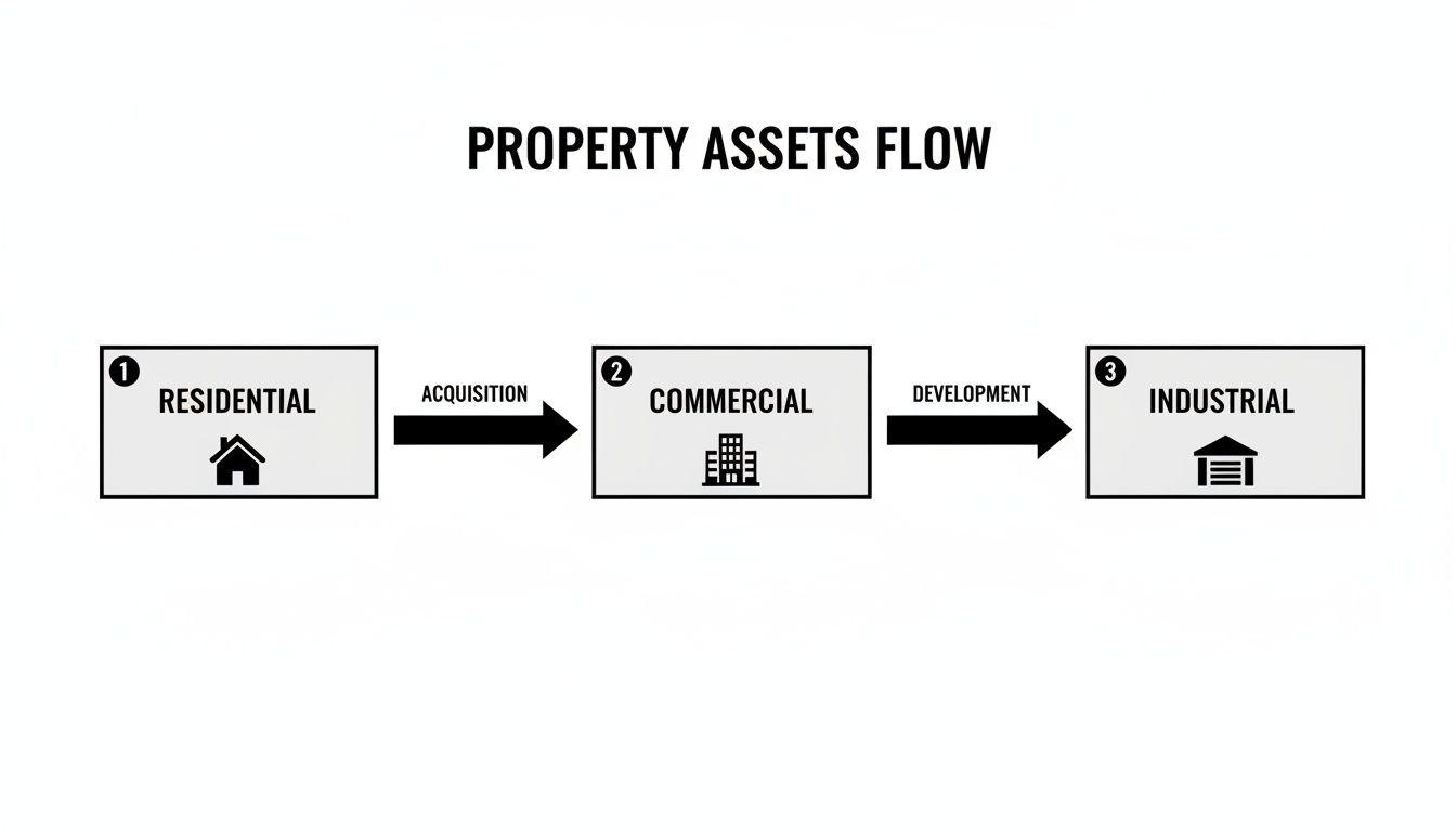 Flowchart showing property asset progression: residential, then commercial via acquisition, finally industrial through development.