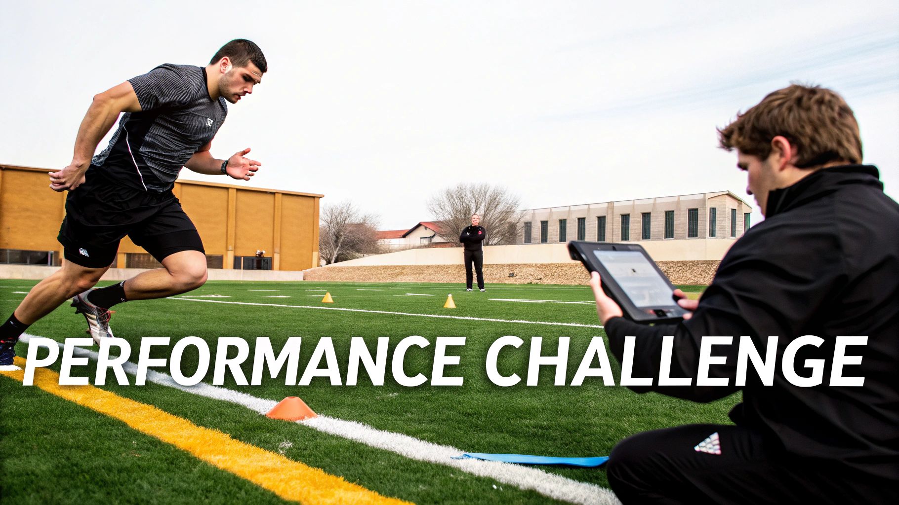 A male athlete sprints on a football field during a performance challenge, monitored by a coach.