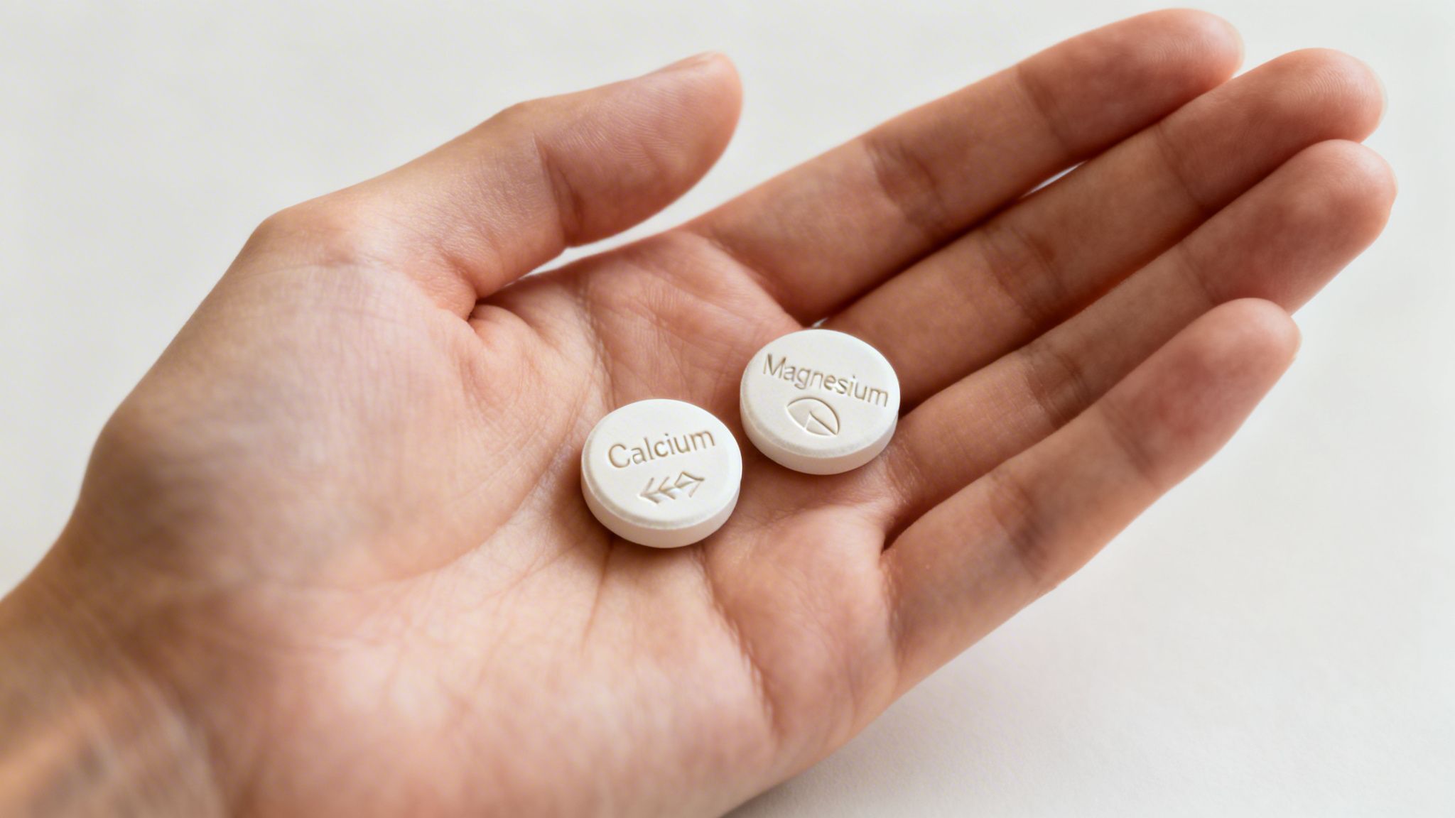 A person's hand holds two white round tablets, one labeled Calcium and one Magnesium.
