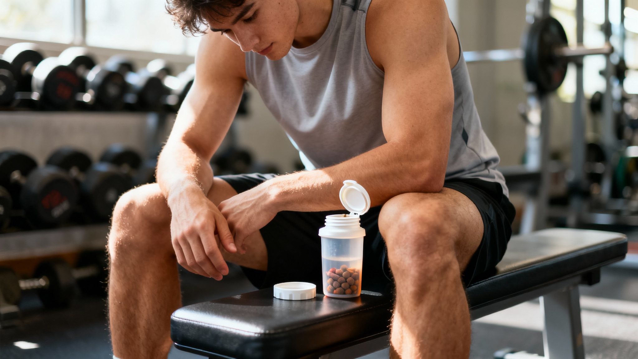 A young man sits on a gym bench, looking down at an open bottle of supplements.