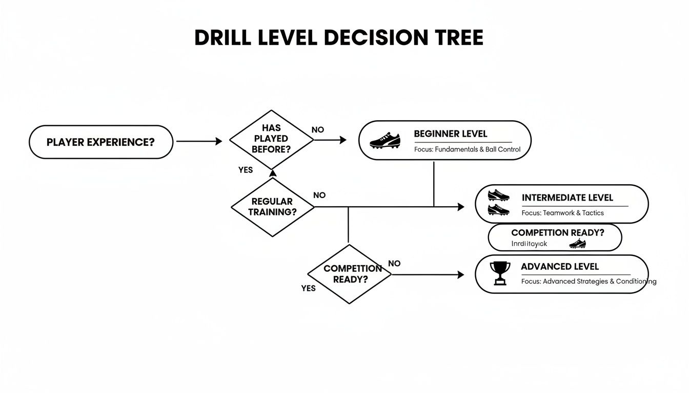 Flowchart illustrating a drill level decision tree based on player experience, training, and competition readiness.