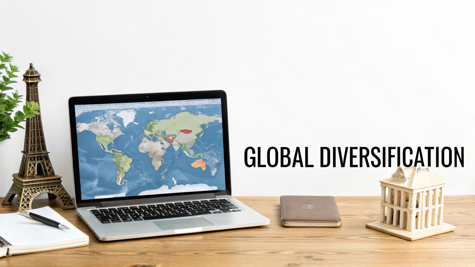 Desk setup with laptop displaying a world map and text "Global Diversification" for investments.