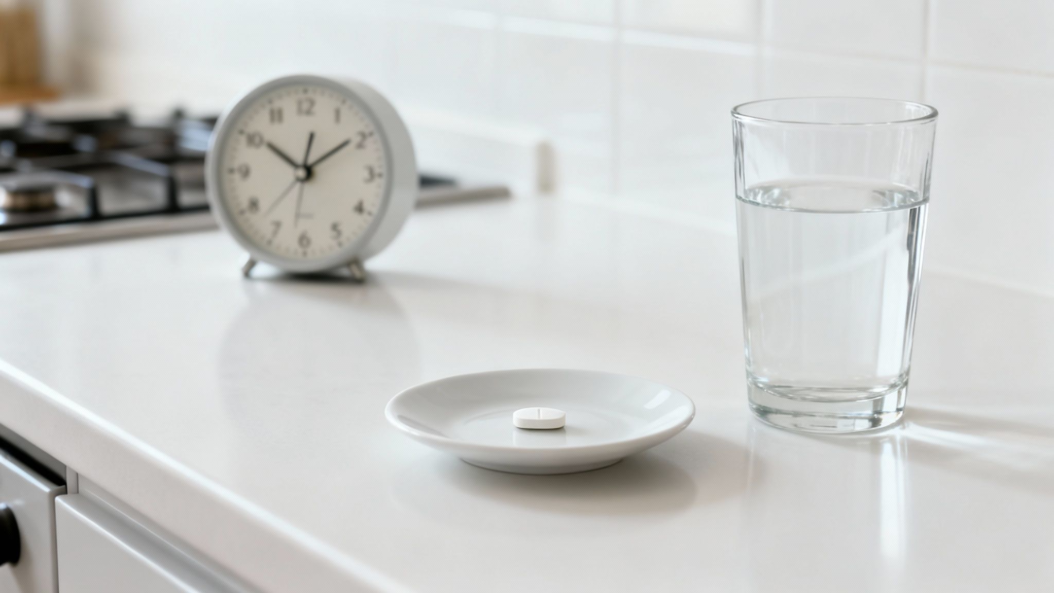 A white pill on a small saucer next to a glass of water on a kitchen counter.