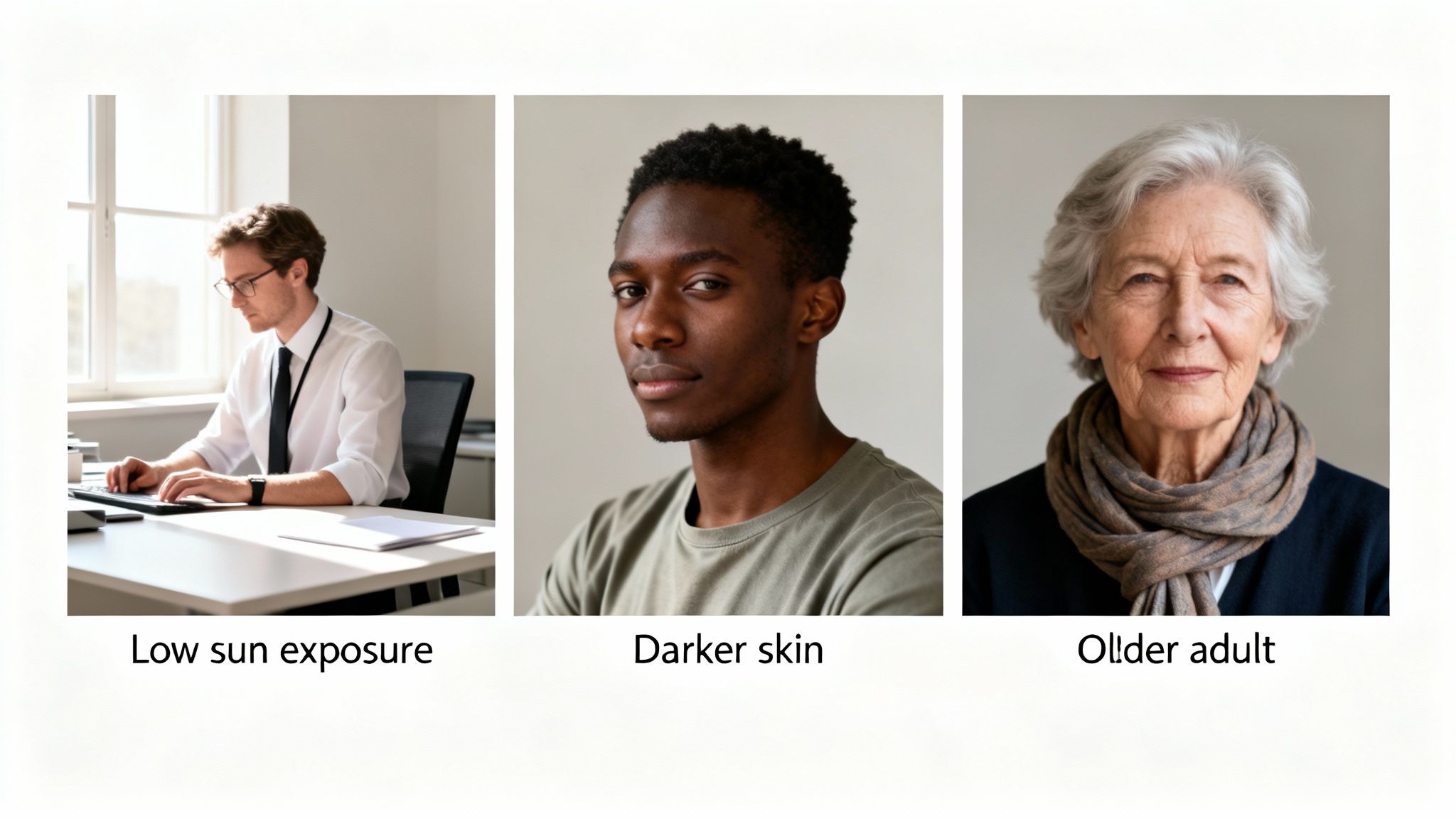 Three diverse individuals: a man with low sun exposure, a man with darker skin, and an older adult.