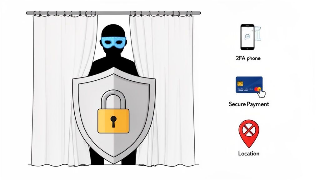 A masked figure behind curtains with a shield and lock, representing security and privacy, alongside icons for 2FA, secure payment, and location.