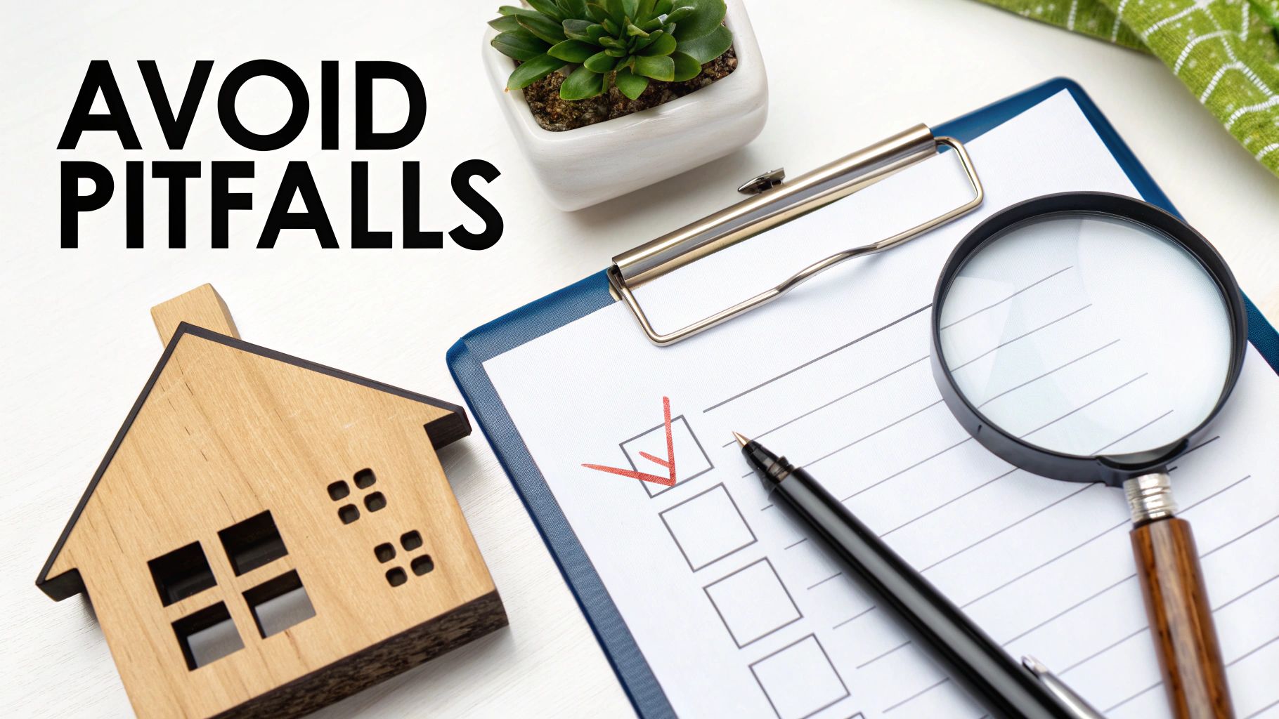 A checklist with a red checkmark, a house model, and 'AVOID PITFALLS' text, symbolizing careful planning.