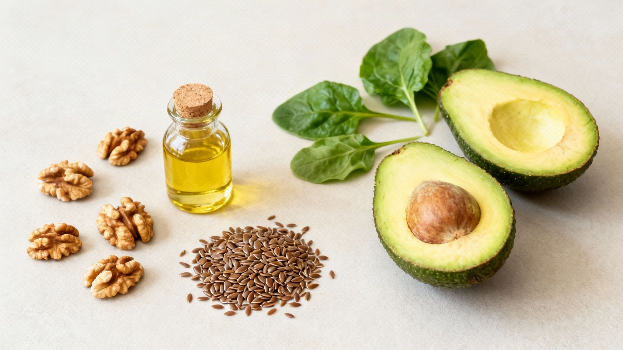 A collection of ingredients high in healthy fats: avocado, walnuts, flaxseed, spinach, and oil.