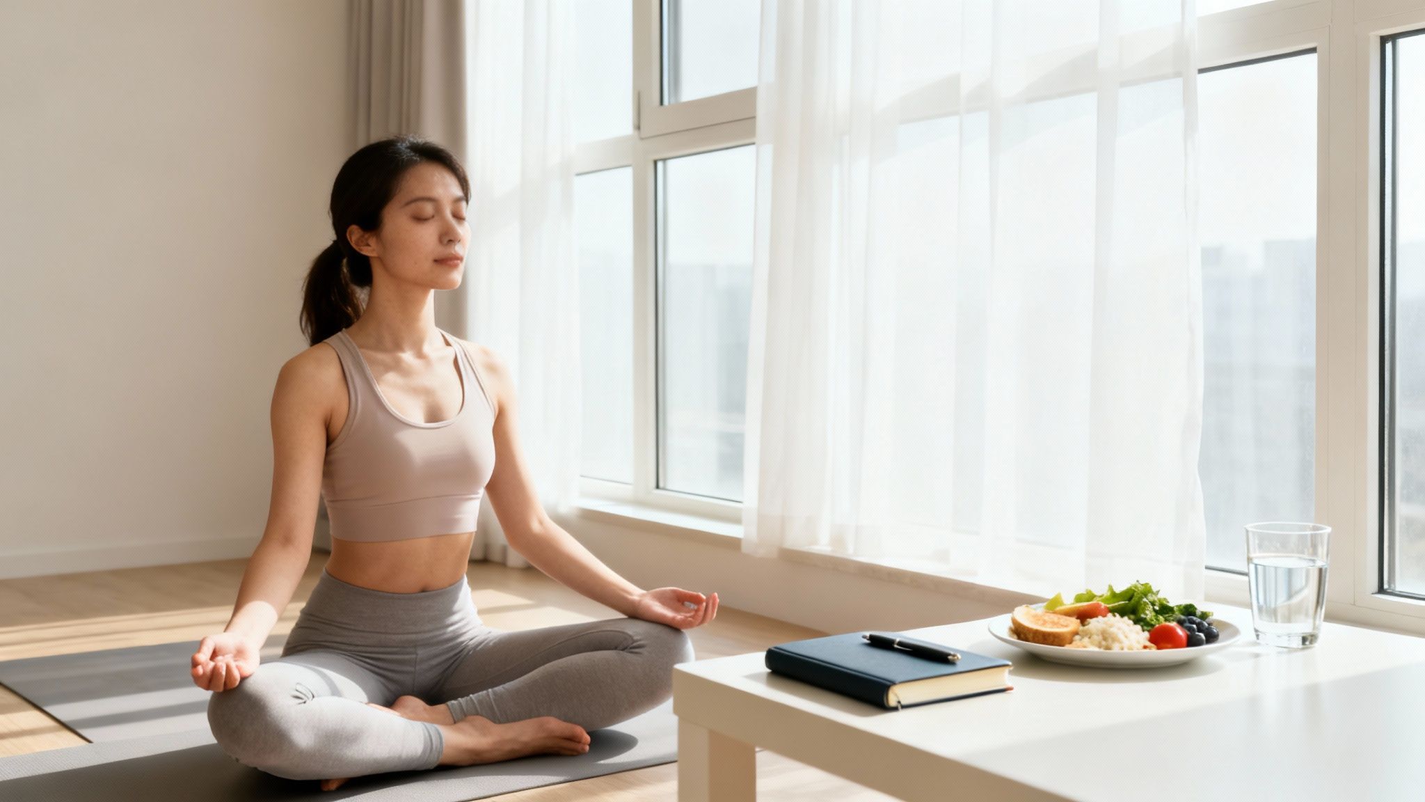 Young Asian woman meditating on a yoga mat, with healthy food and water on a nearby table.