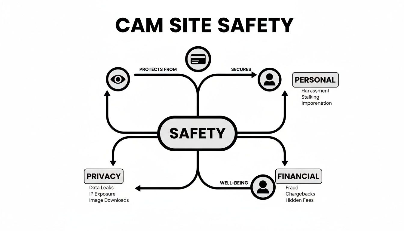 Mind map illustrating cam site safety, covering personal, financial, and privacy protection.