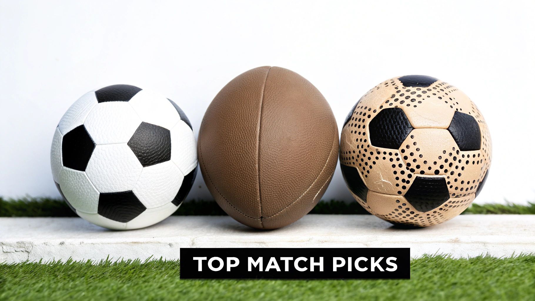 Three diverse sports balls, including soccer and American football, on artificial turf, with a banner stating 'TOP MATCH PICKS'.