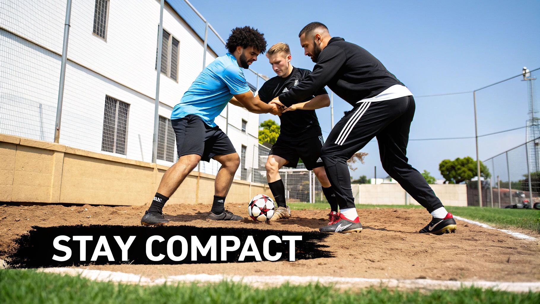 Three men intensely battling for a soccer ball on a dirt field during a training drill.