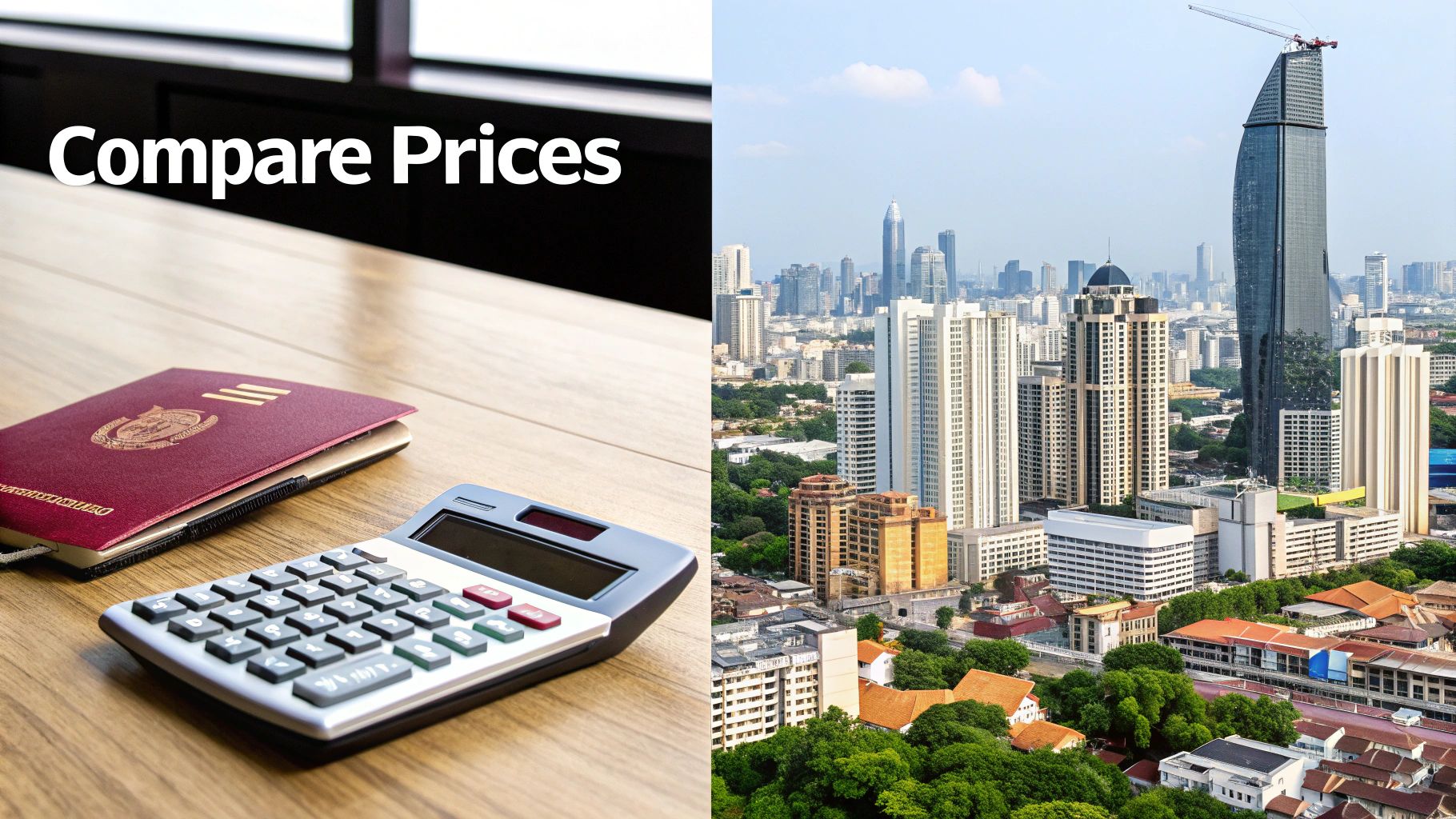 Passport, calculator, and 'Compare Prices' text on a table, beside a modern city skyline.