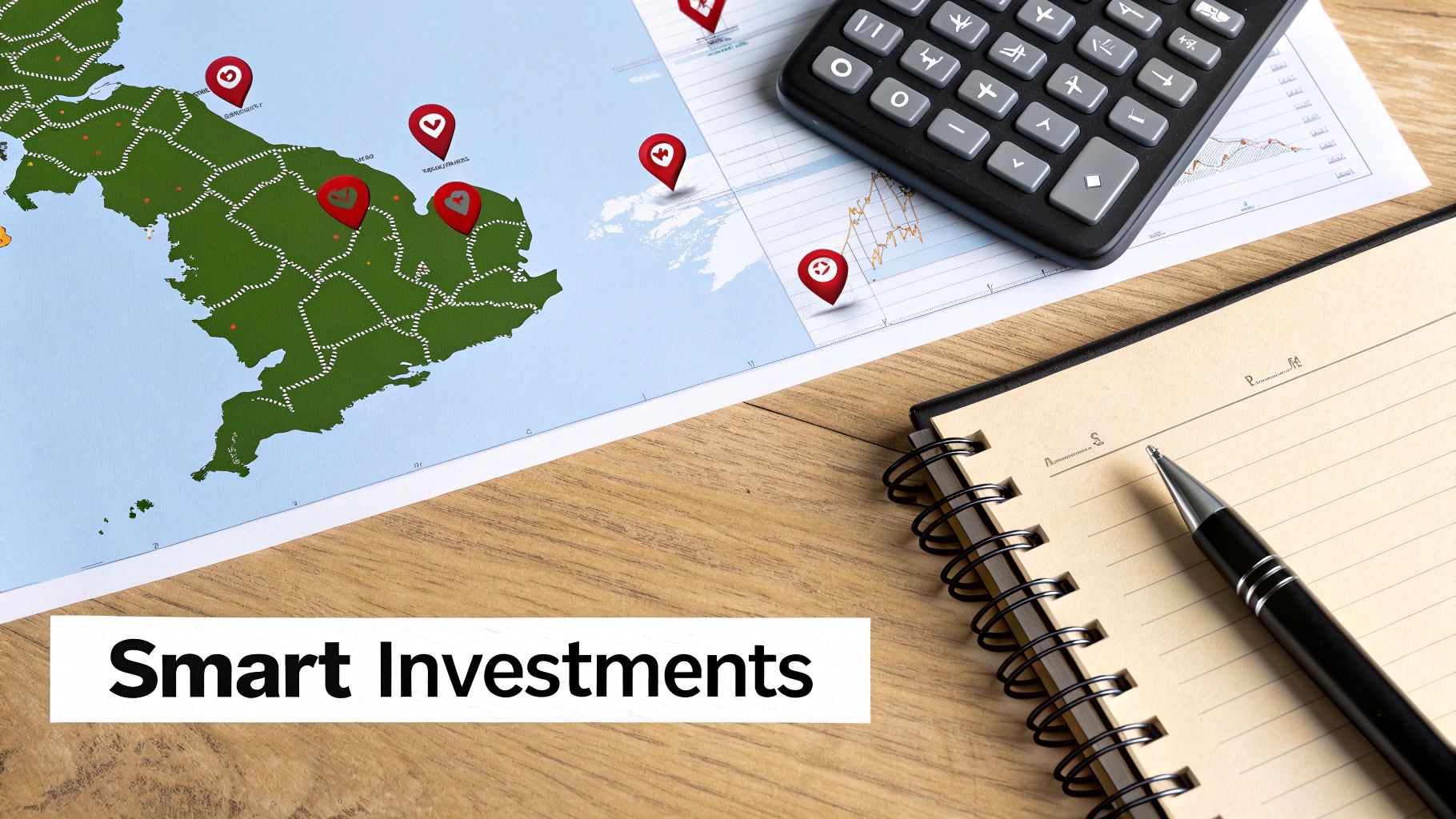 A map with red location pins, a calculator, a notebook, and a pen, with 'Smart Investments' text.