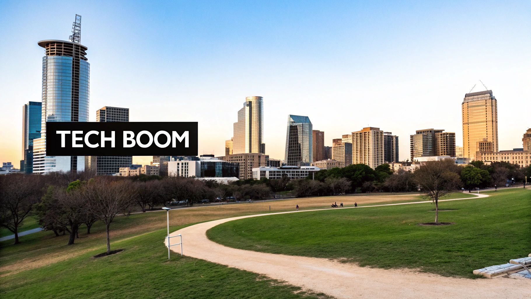 A vibrant city skyline with modern skyscrapers overlooks a green park, highlighting a 'TECH BOOM'.