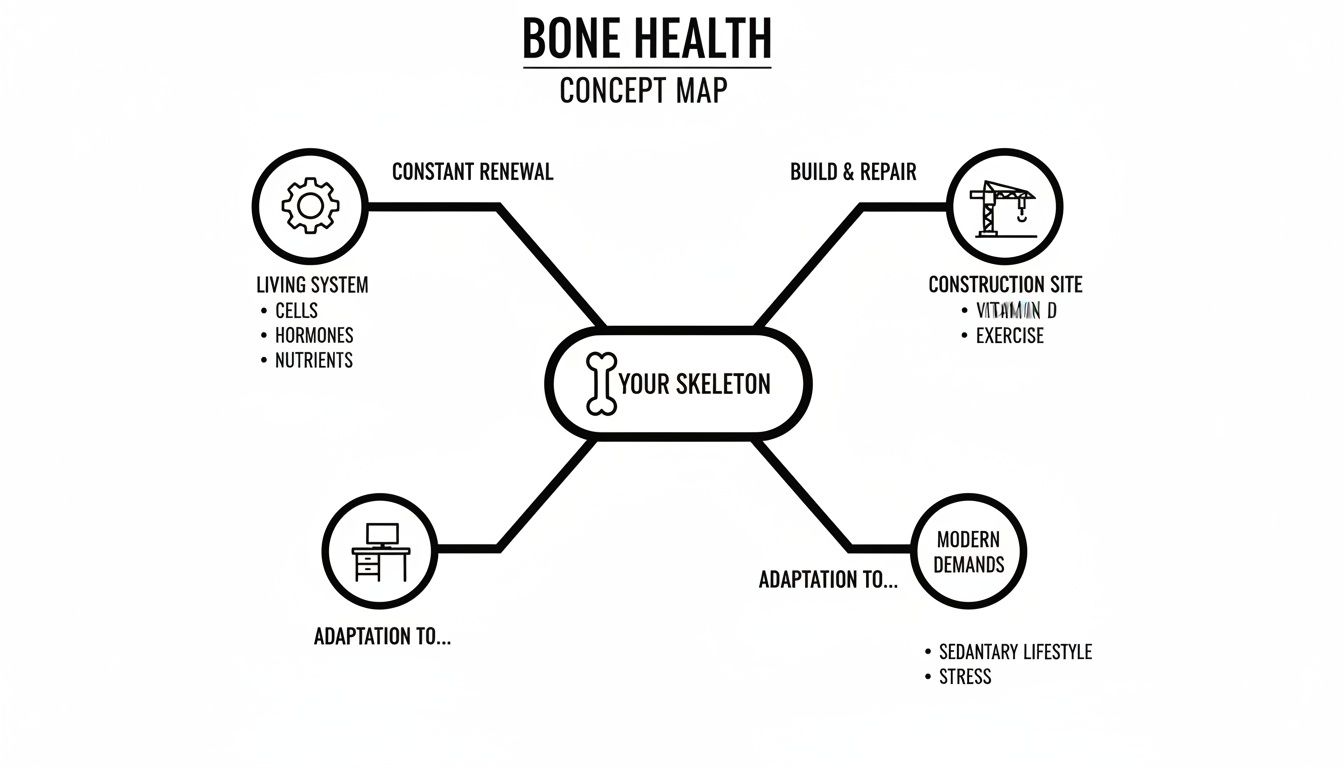 A concept map illustrating bone health, centered around your skeleton, and its various contributing factors.