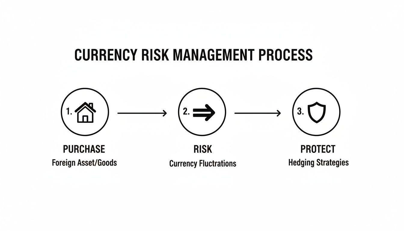 Flowchart illustrating the currency risk management process: purchase, risk from currency fluctuations, and protection through hedging strategies.