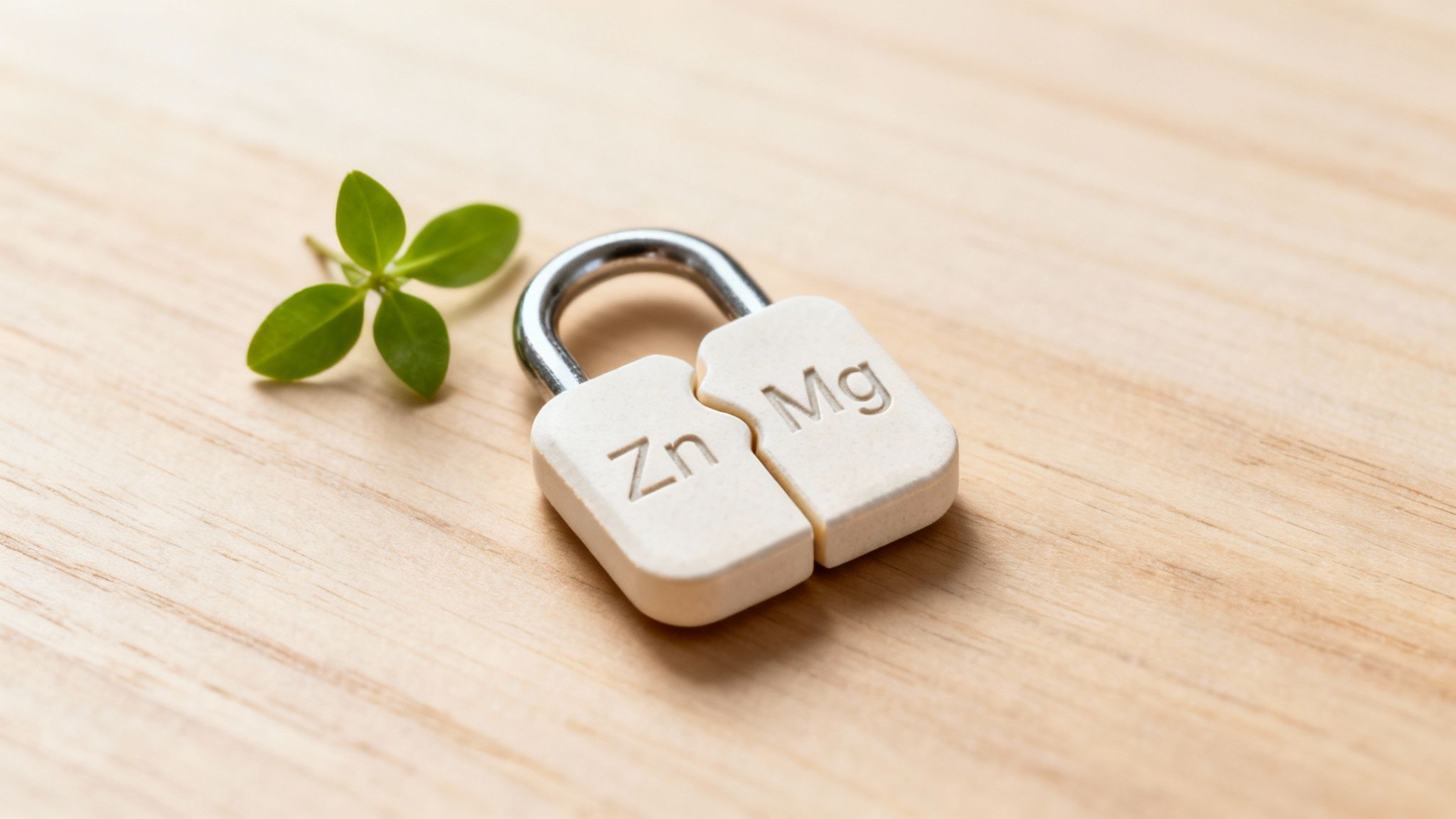 Zinc and magnesium pills shaped like a padlock with a green plant on a wooden surface.