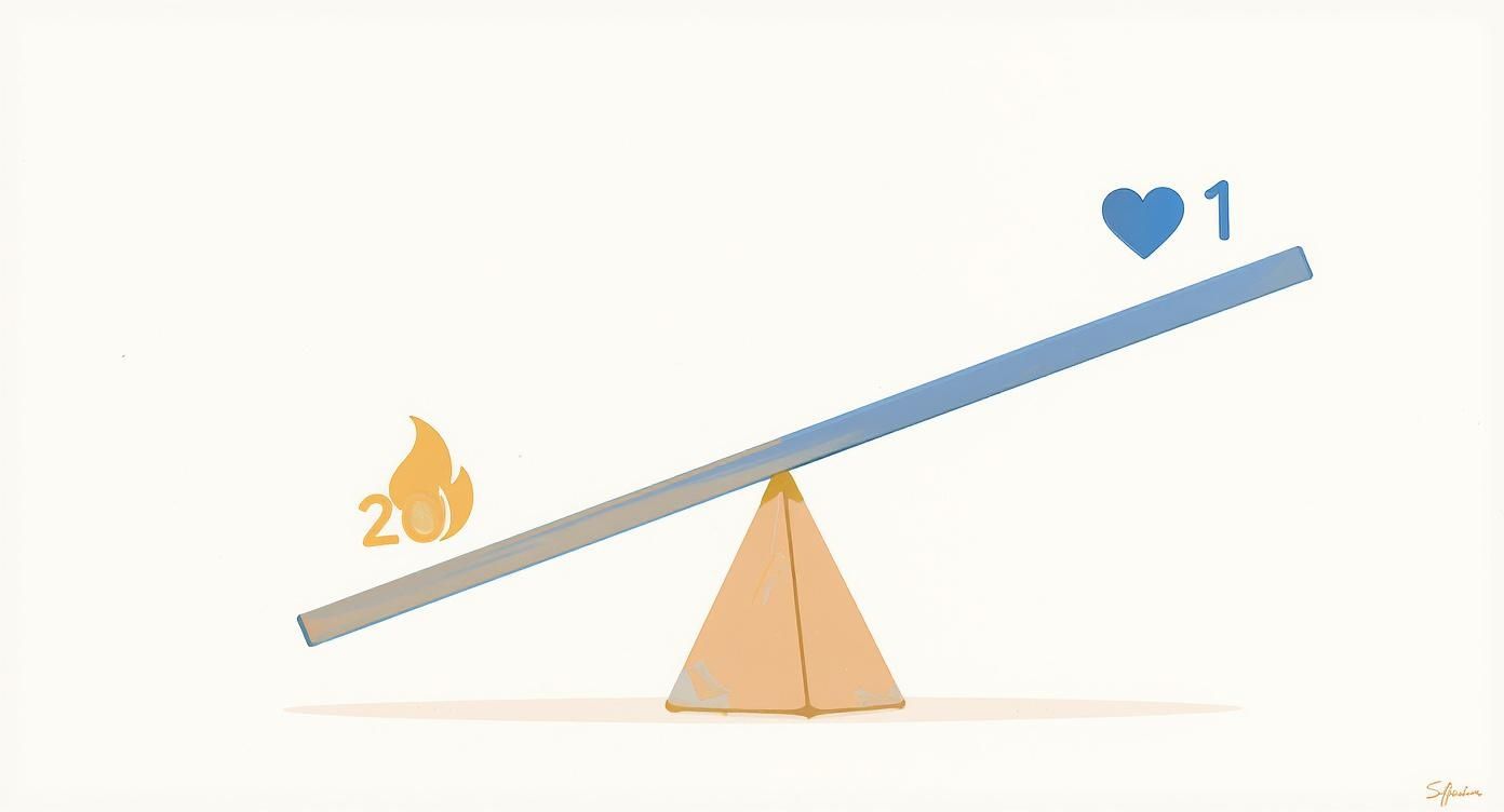 A seesaw balancing a fire icon with '20' against a heart icon with '1', showing '20' as heavier.