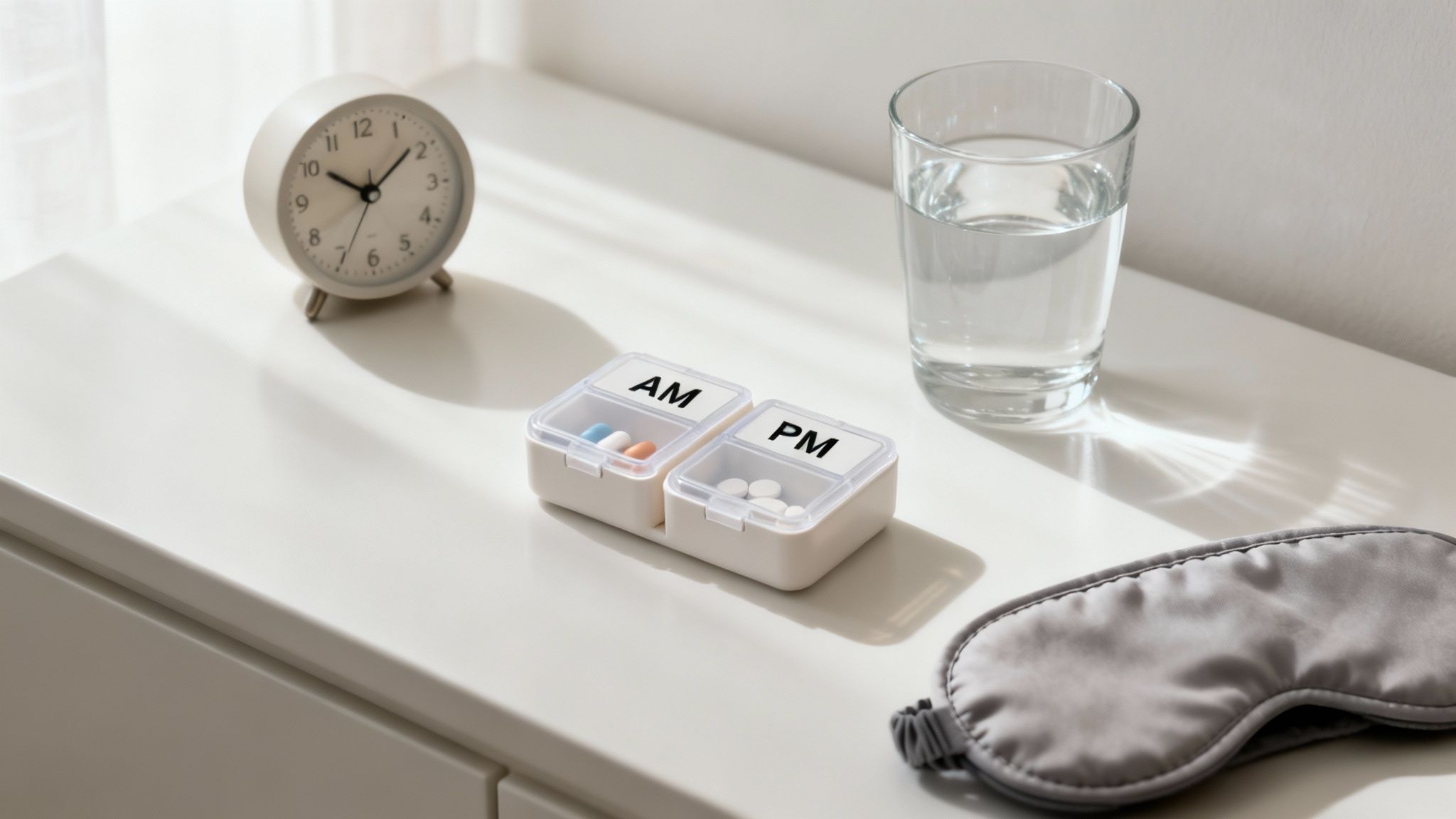 A person's hand holding various supplements with a clock in the background, symbolising timing.