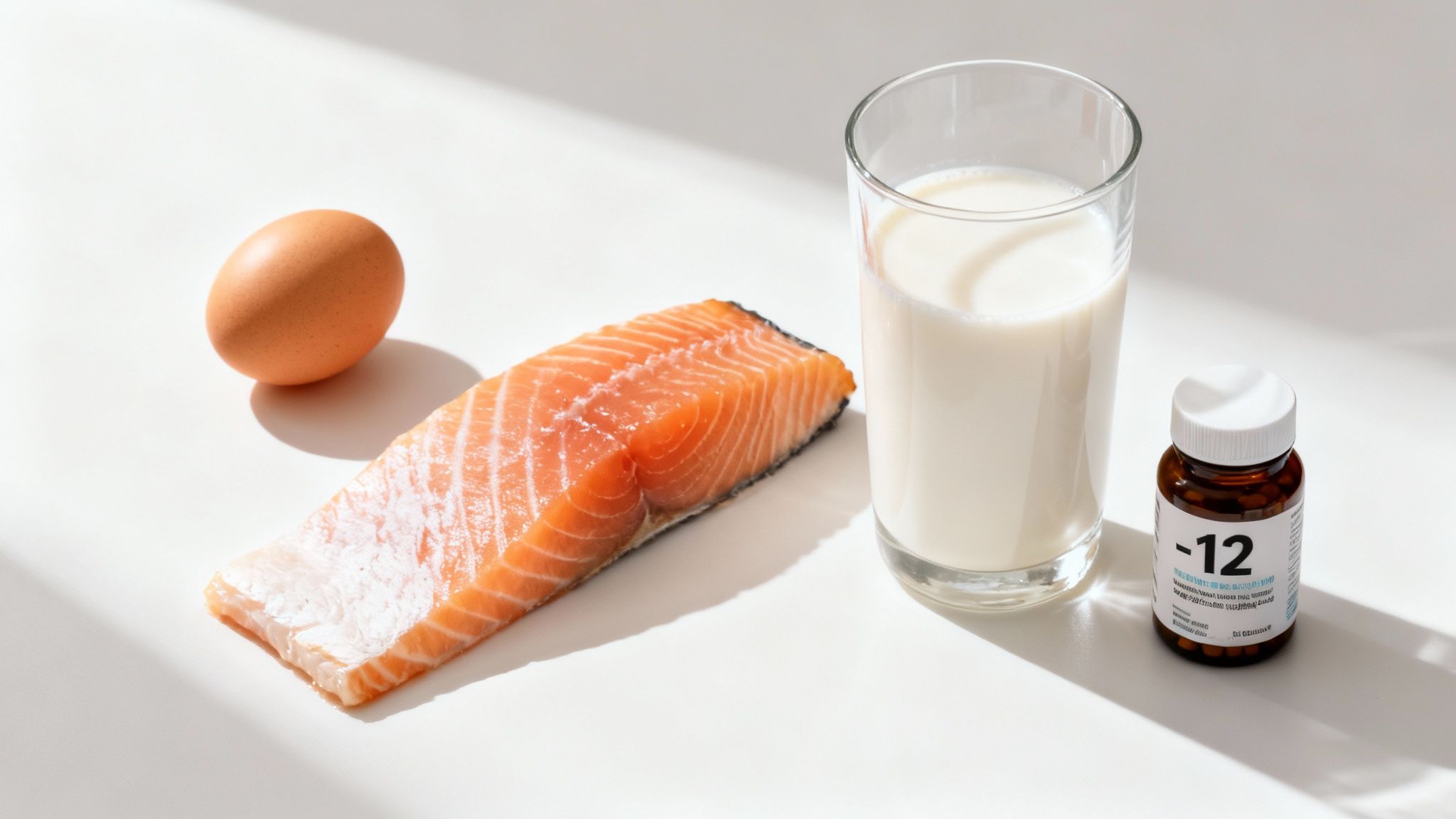 A vibrant assortment of B12-rich foods and supplements.