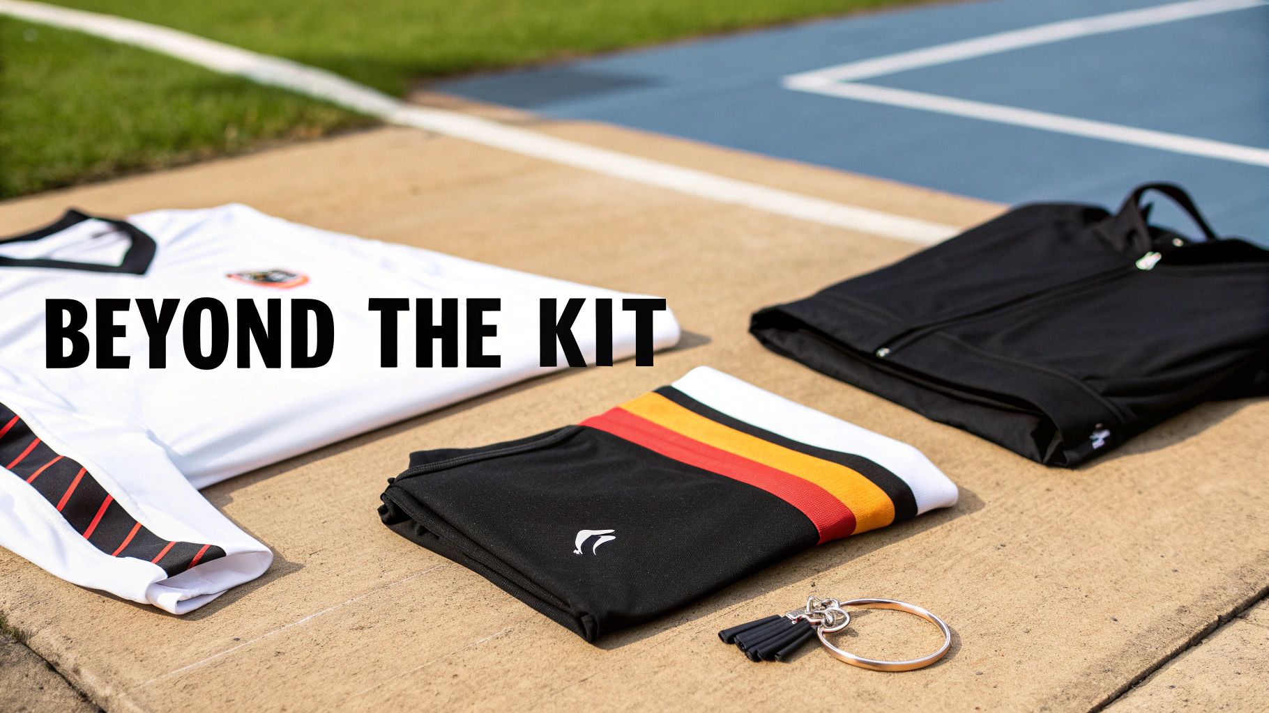 A collection of Manchester United jerseys hanging in a row, showcasing different designs and seasons.