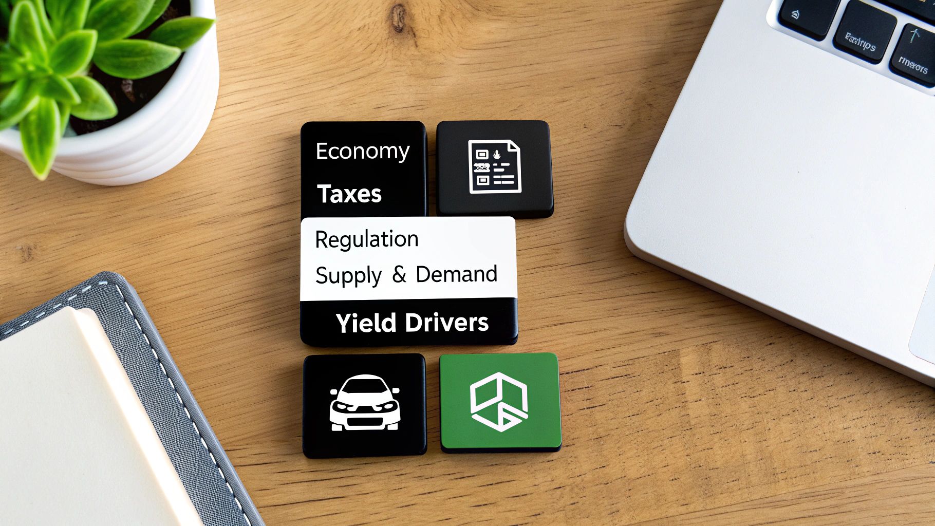 Black and white tiles displaying economic 'Yield Drivers' like Economy, Taxes, Regulation, and Supply & Demand.