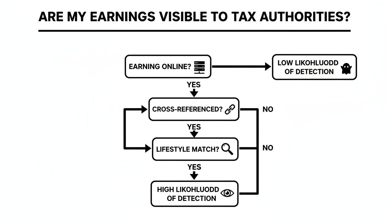 Flowchart showing factors determining the visibility of online earnings to tax authorities.