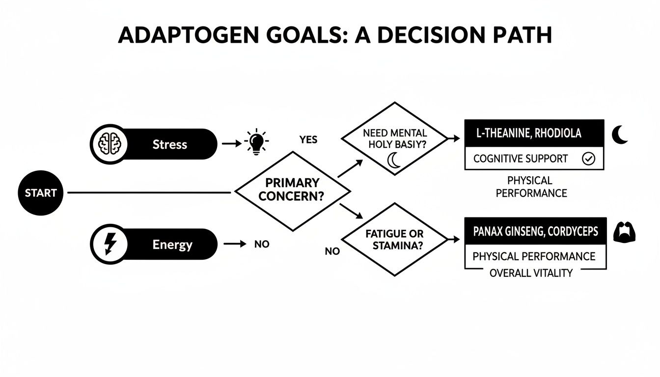 Flowchart illustrating adaptogen goals and a decision path for choosing supplements based on stress or energy concerns.