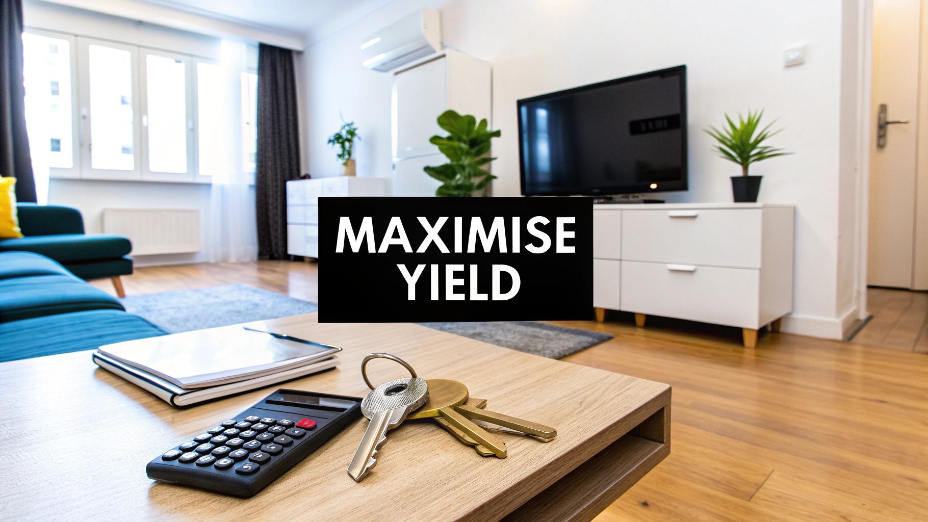 A modern living room with a sofa, coffee table, calculator, keys, and an overlay text 'MAXIMISE YIELD'.