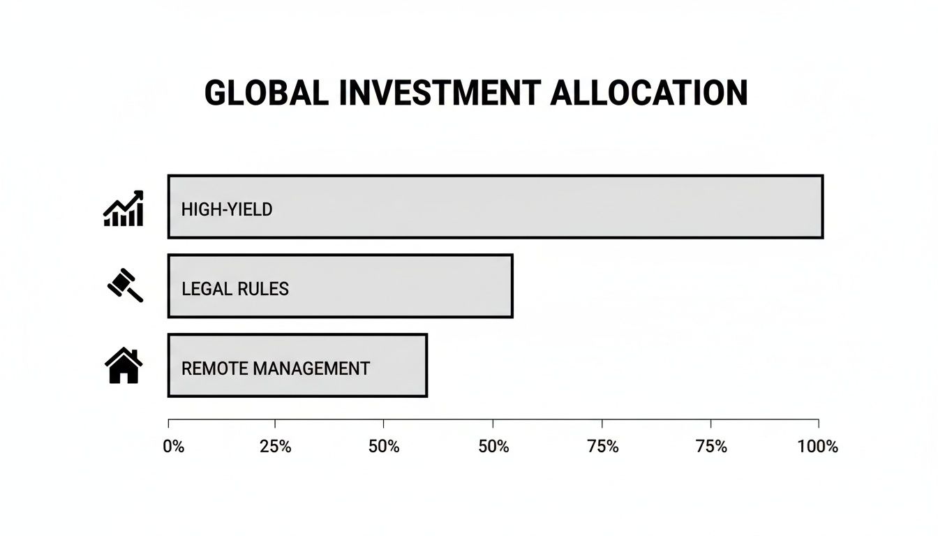 A bar chart illustrating global investment allocation, showing High-Yield at 100%, Legal Rules at 55%, and Remote Management at 55%.