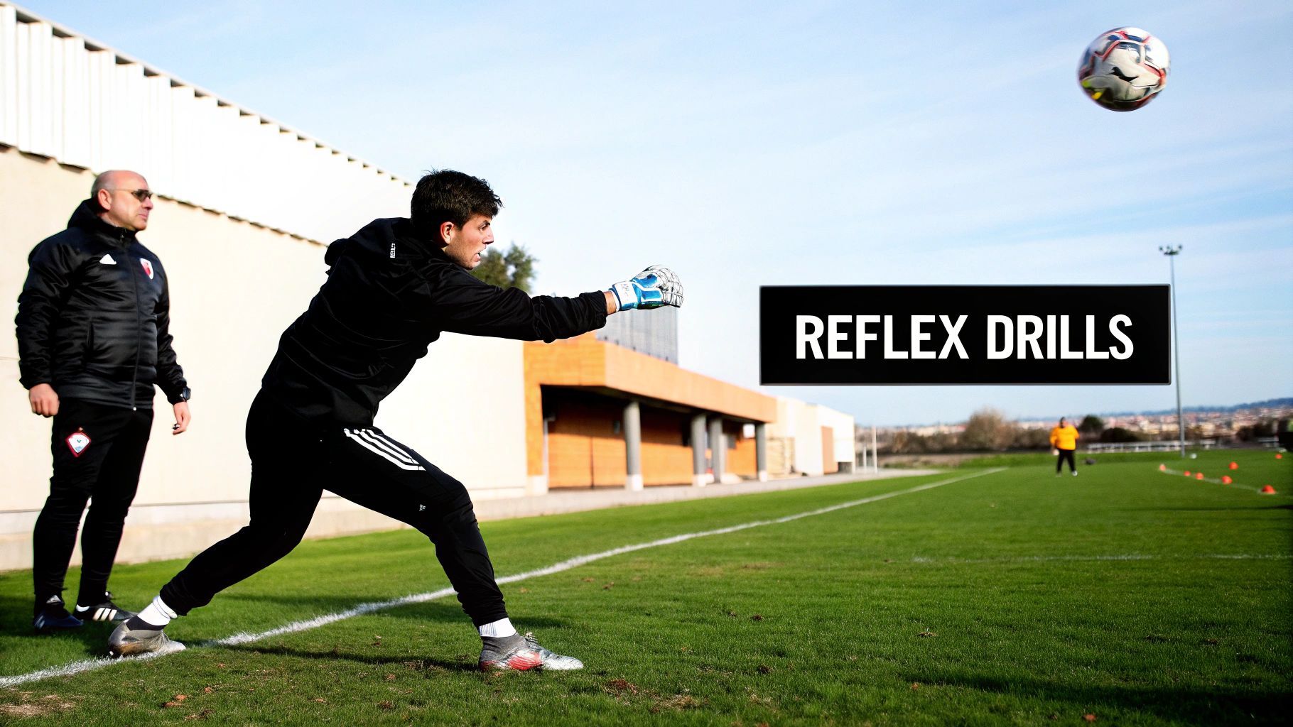 Goalkeeper performing a diving save during a drill