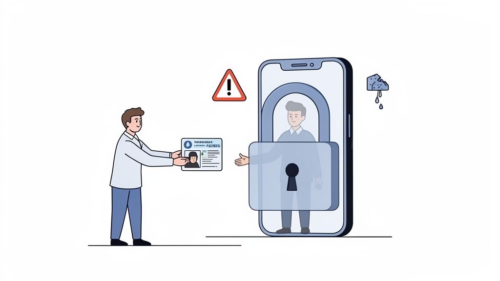 A man presents an ID card to a locked smartphone, representing digital age verification.