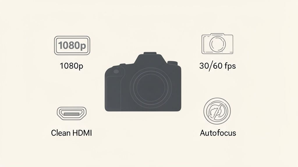 Graphic showing a camera with key features like 1080p, 30/60 fps, Clean HDMI, and Autofocus.