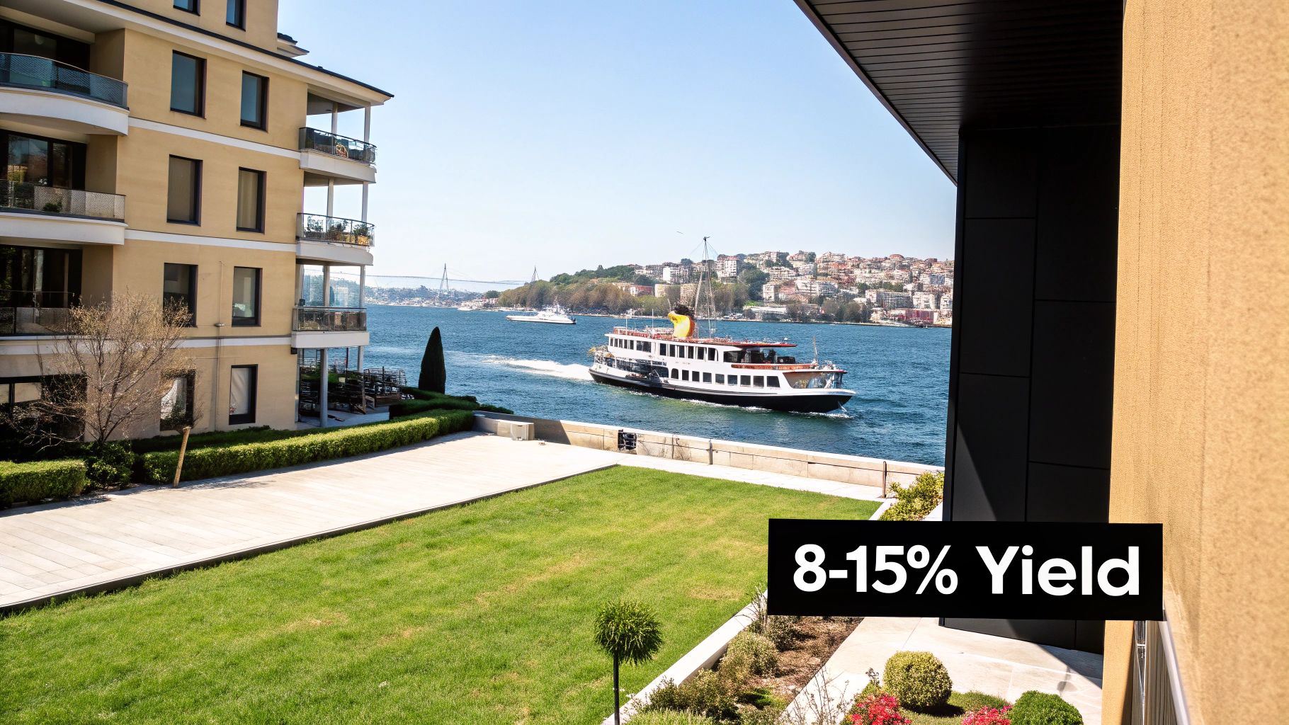 Modern building with green lawn by a scenic waterway, ferry boat, and distant city view, indicating high yield.
